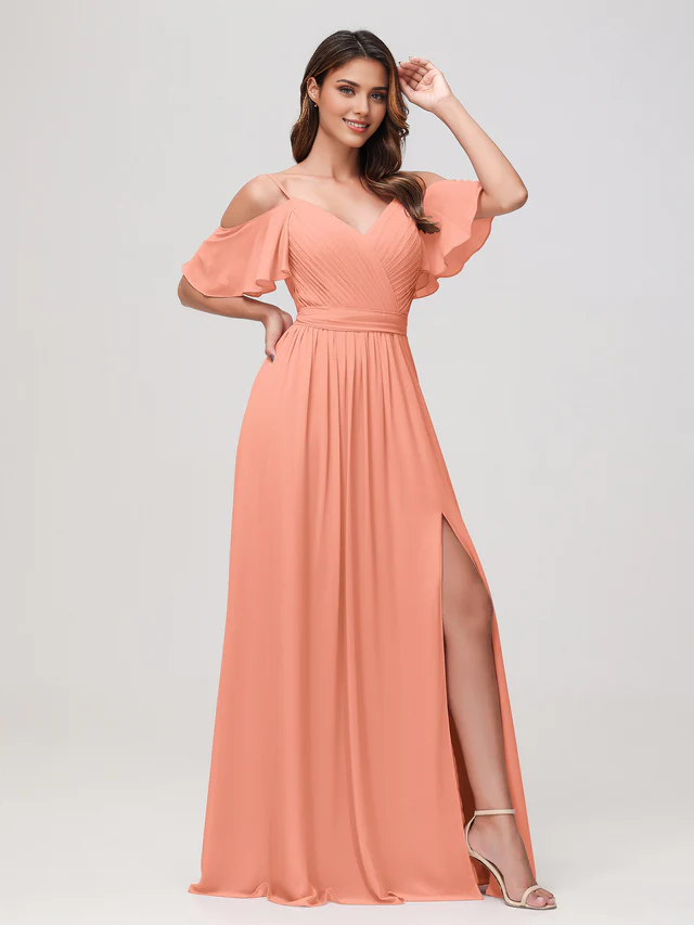Off shoulder pleated fine shoulder strap chiffon dress - QIAIWAN Dress