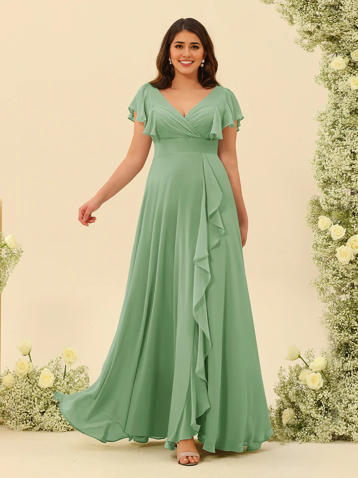QIAIWAN Dress Chiffon Ruffle V-neck Short sleeved Bridesmaid Dress