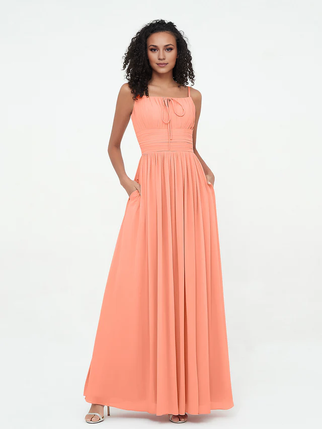 Chiffon sleeveless slim shoulder bridesmaid dress - QIAIWAN Dress