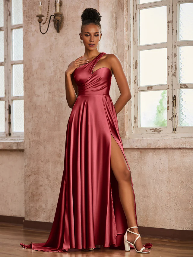 Satin single shoulder split bridesmaid dress - QIAIWAN Dress