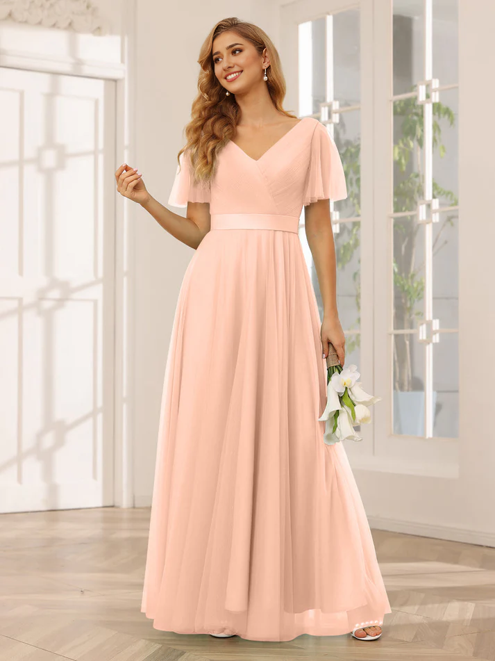 QIAIWAN Dress sheer backless V-neck bridesmaid dress