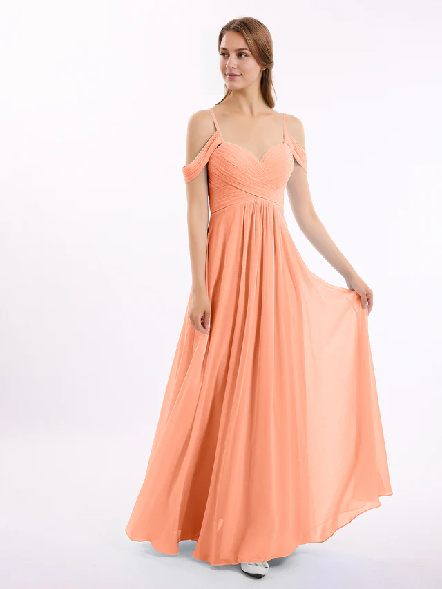Thin shoulder strap pleated chiffon bridesmaid dress - QIAIWAN Dress