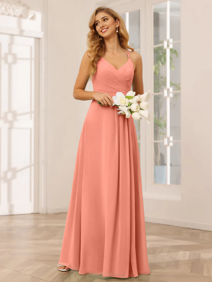 QIAIWAN Dress Elegant Thin Strap V-neck Bridesmaid Dress