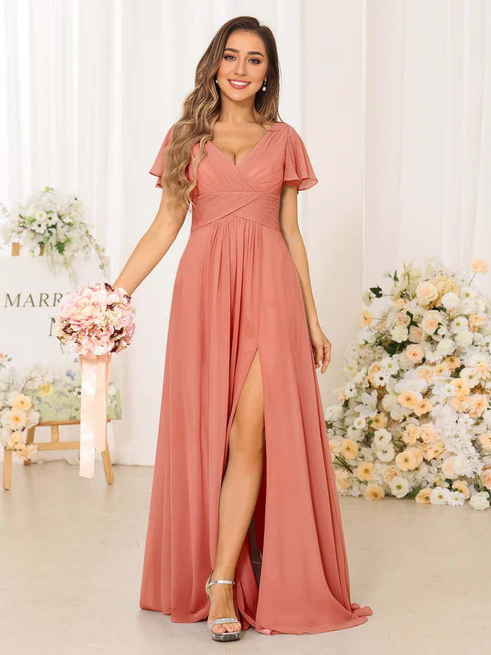 QIAIWAN Dress chiffon short sleeved A-line V-neck bridesmaid dress