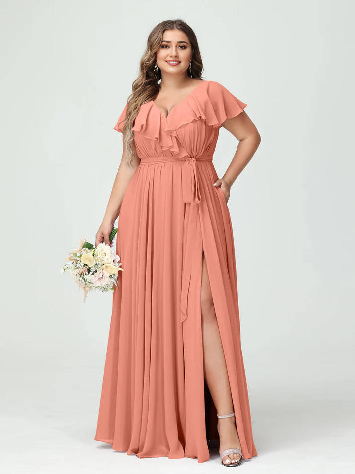 QIAIWAN Dress Chiffon pleated short sleeved bridesmaid dress