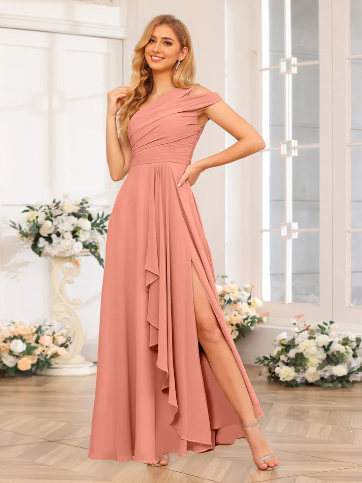 QIAIWAN Dress One Shoulder Sleeveless Split Bridesmaid Dress