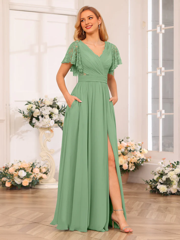 QIAIWAN Dress-V collar short sleeved slit with bridesmaid dress