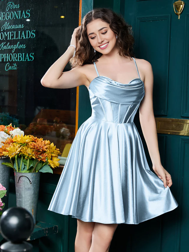 Narrow shoulder strap stretch satin homecoming dress - QIAIWAN Dress