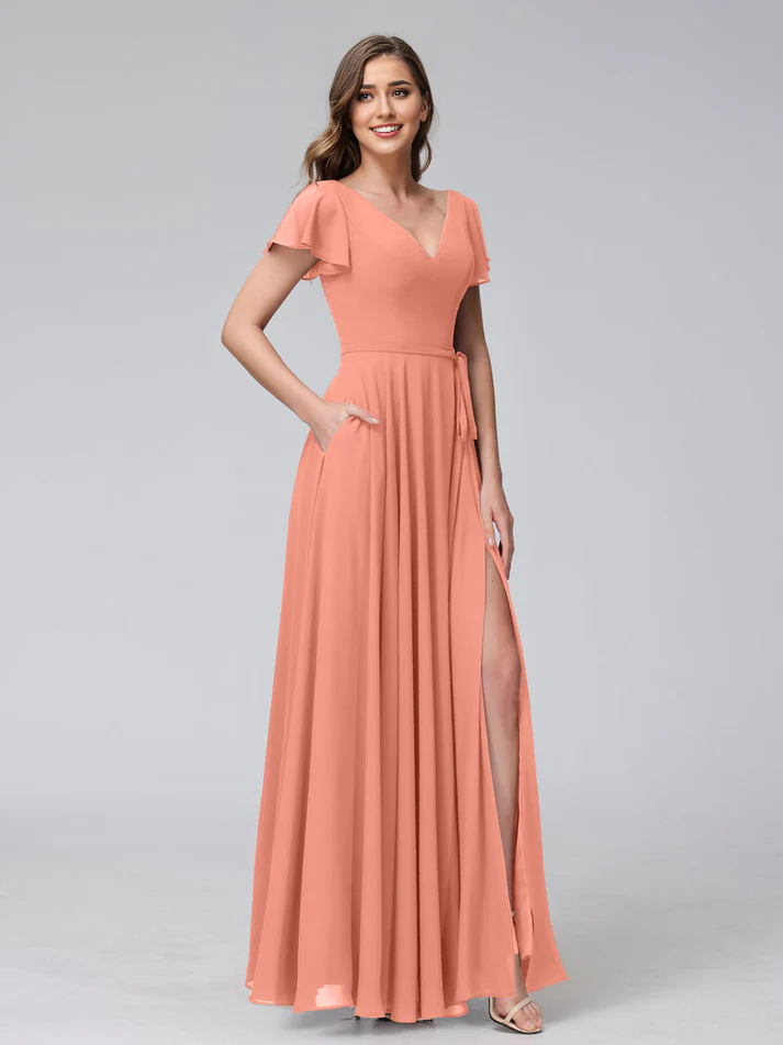 QIAIWAN Dress Chiffon A-line V-neck Ruffle Bridesmaid Dress