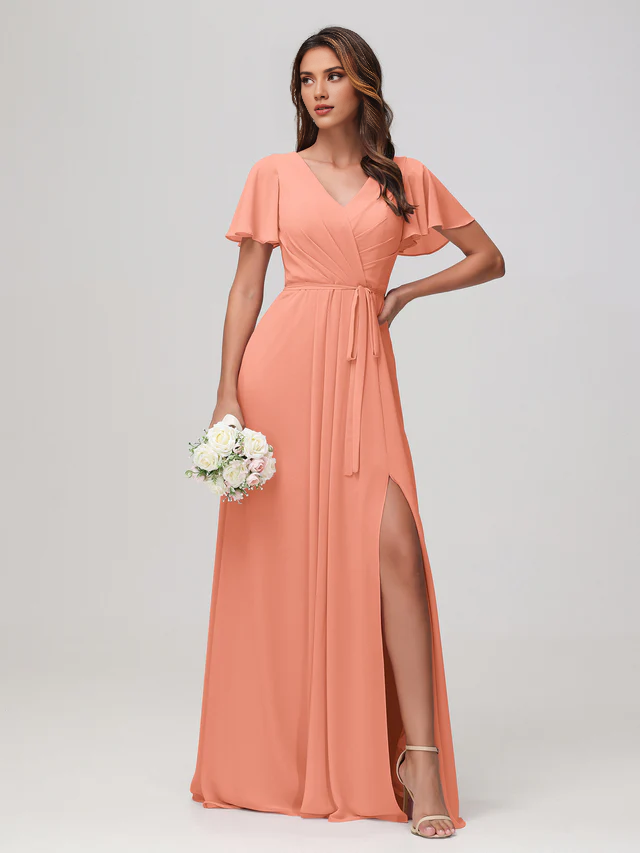 Short sleeved wrinkled chiffon bridesmaid dress - QIAIWAN Dress