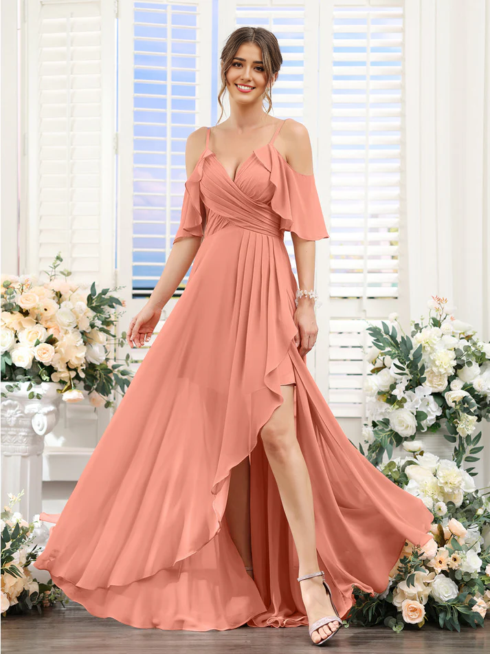 QIAIWAN Dress short sleeved slim shoulder chiffon bridesmaid dress
