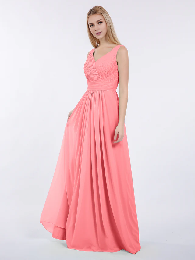 Pleated V-neck chiffon bridesmaid dress - QIAIWAN Dress