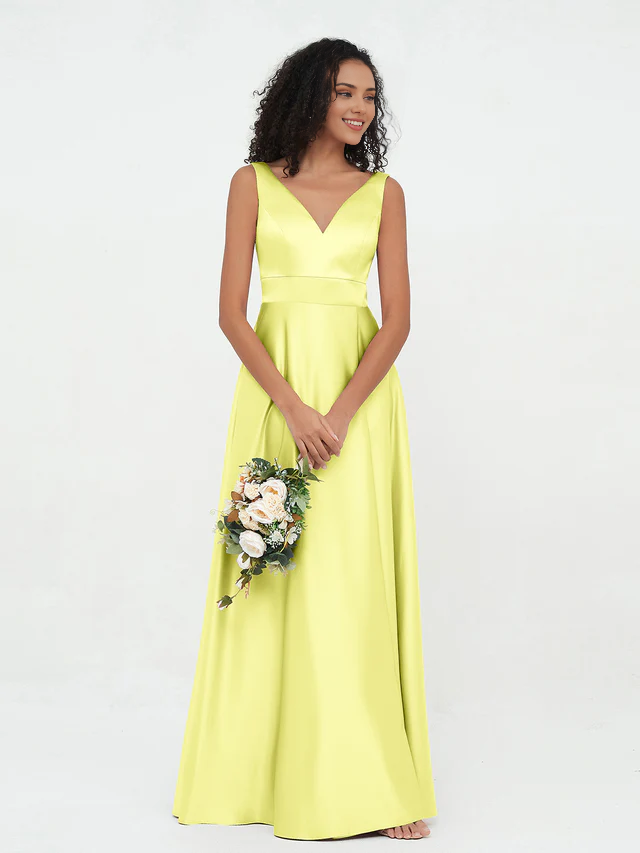 Sleeveless V-neck satin bridesmaid dress - QIAIWAN Dress