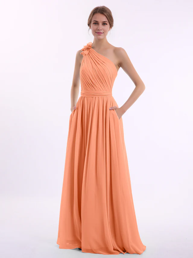 Single shoulder pleated chiffon bridesmaid dress - QIAIWAN Dress