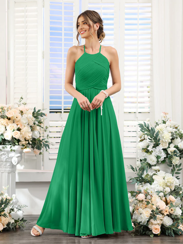 QIAIWAN Dress slim shoulder strap sleeveless pleated chiffon bridesmaid dress