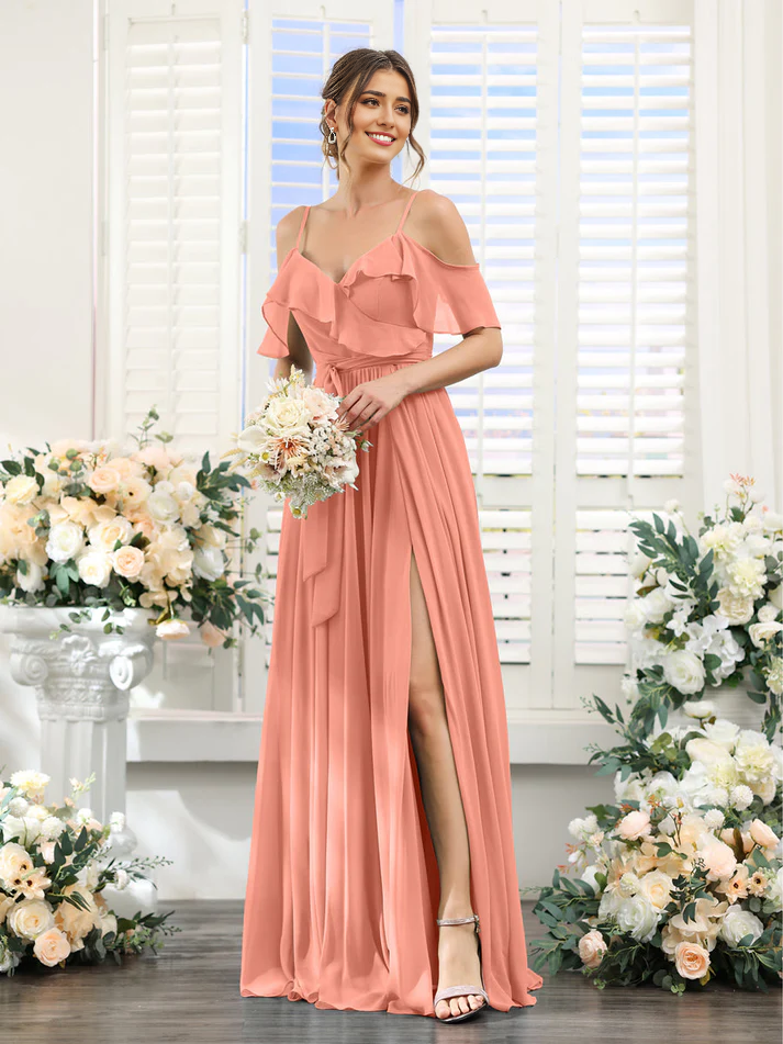 QIAIWAN Dress Chiffon V-neck A-line Bridesmaid Dress