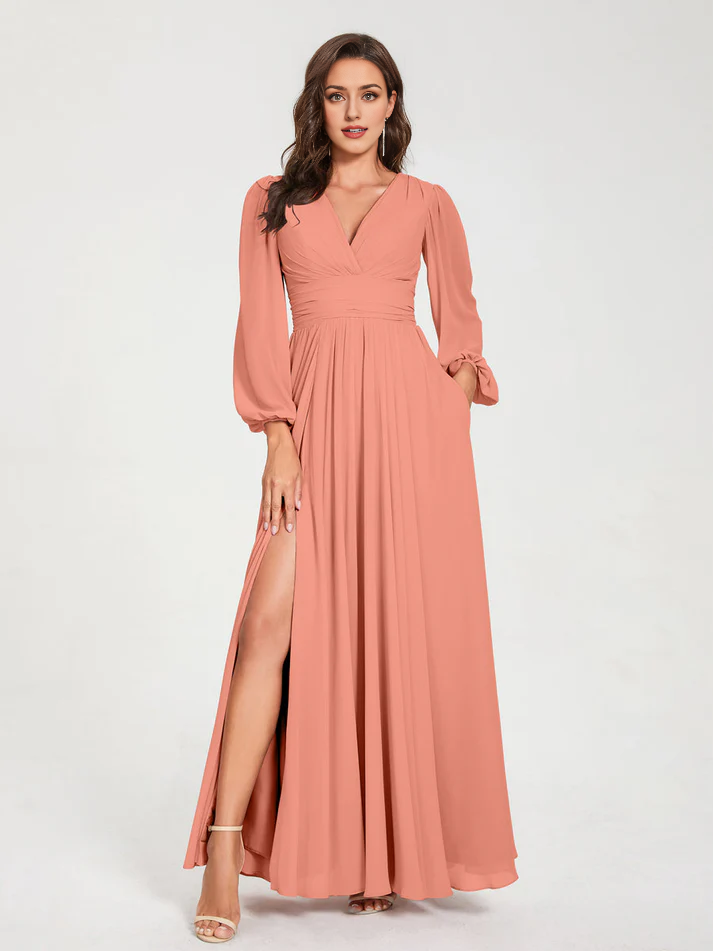 QIAIWAN Dress - Chiffon A-line V-neck Bridesmaid Dress