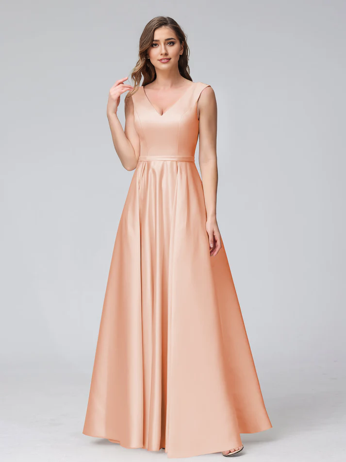 QIAIWAN Dress satin A-line V-neck sleeveless bridesmaid dress