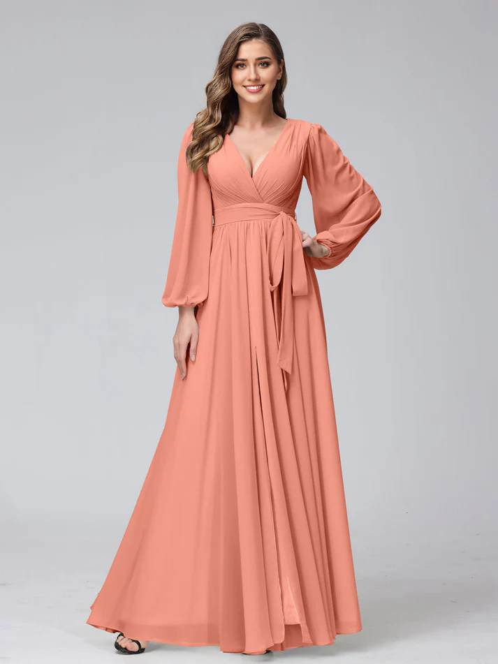 QIAIWAN Dress Chiffon Long Sleeve V-neck Bridesmaid Dress
