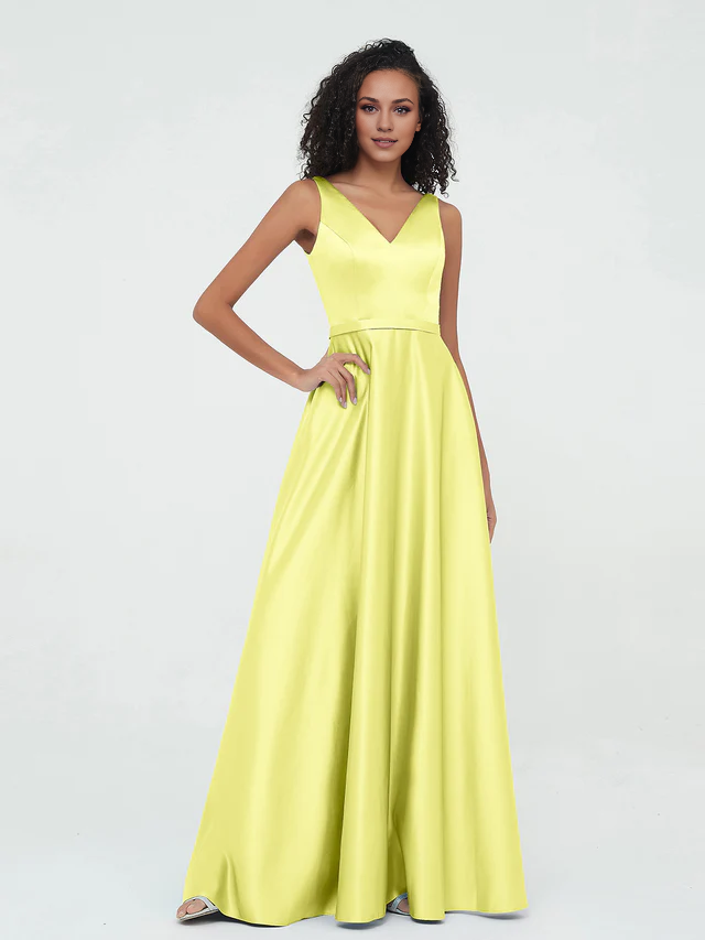 Satin V-neck sleeveless bridesmaid dress - QIAIWAN Dress