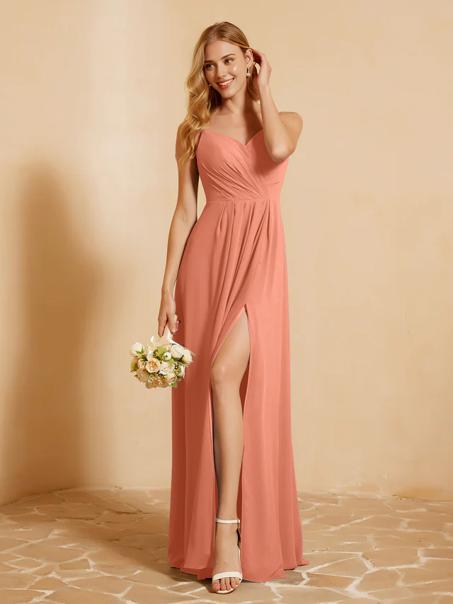 Thin shoulder strap split pleated bridesmaid dress - QIAIWAN Dress