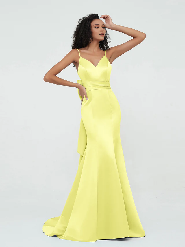 Sleeveless thin shoulder strap satin mermaid dress-QIAIWAN Dress