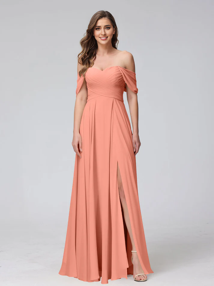 QIAIWAN Dress chiffon off shoulder pleated sleeveless bridesmaid dress