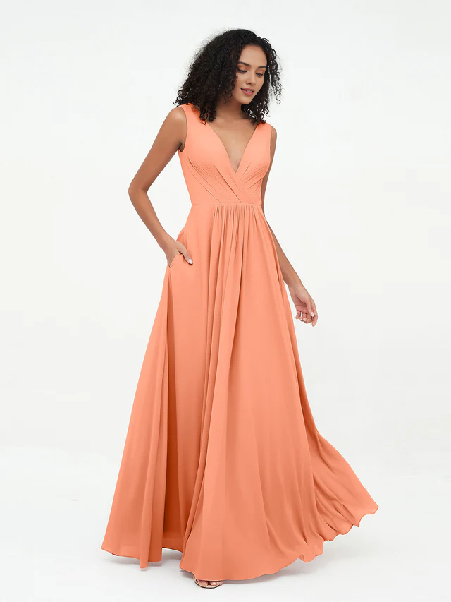 V-neck chiffon bridesmaid dress - QIAIWAN Dress