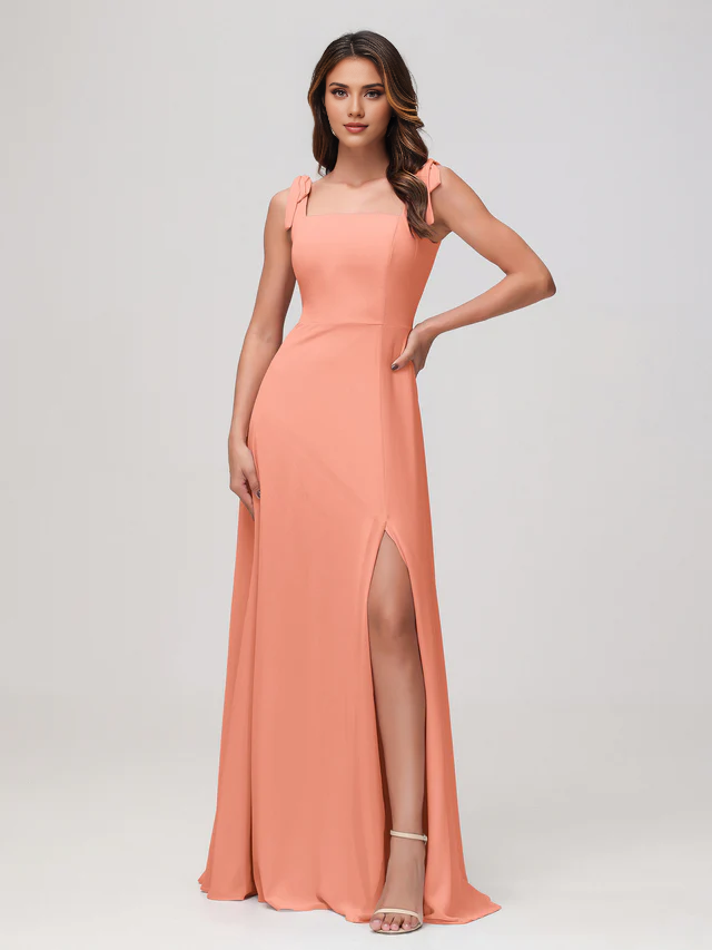 Square neck sleeveless chiffon bridesmaid dress - QIAIWAN Dress