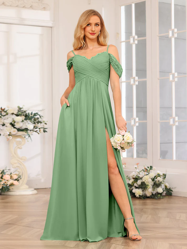 QIAIWAN Dress - Off Shoulder Split Chiffon Bridesmaid Dress