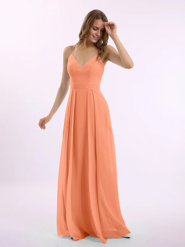 Thin shoulder strap V-neck chiffon bridesmaid dress - QIAIWAN Dress