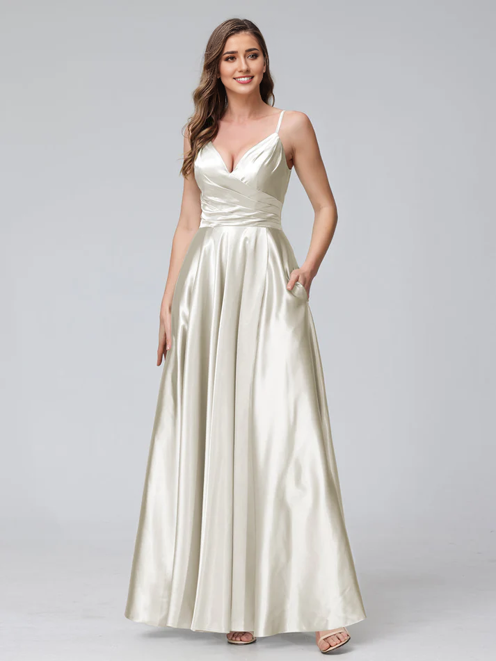 QIAIWAN Dress satin long silk sleeveless bridesmaid dress