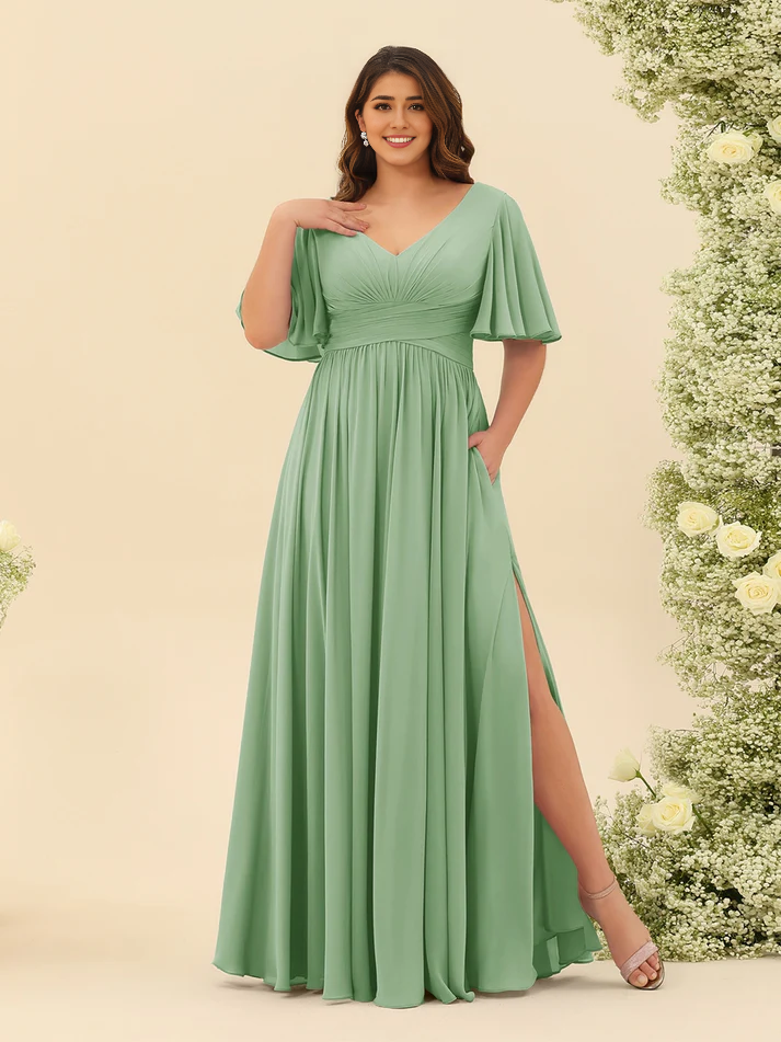 QIAIWAN Dress Chiffon A-line V-neck Short sleeved Bridesmaid Dress