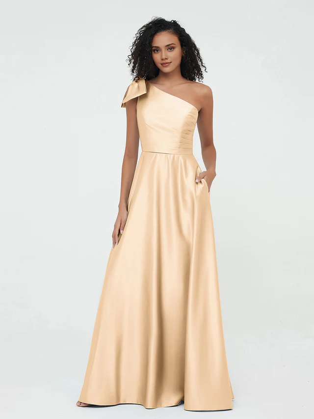 Single shoulder long satin bridesmaid dress - QIAIWAN Dress