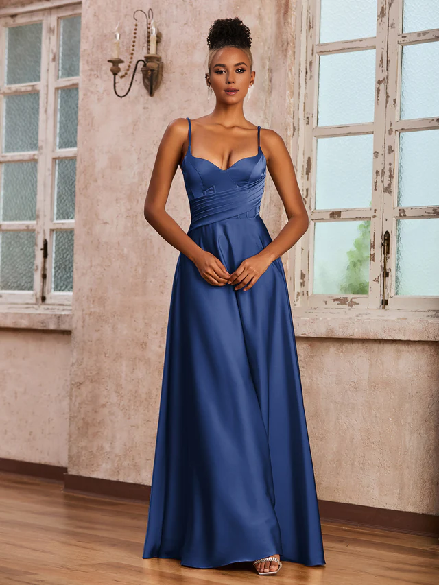 QIAIWAN tight pleated satin slim shoulder sleeveless evening gown
