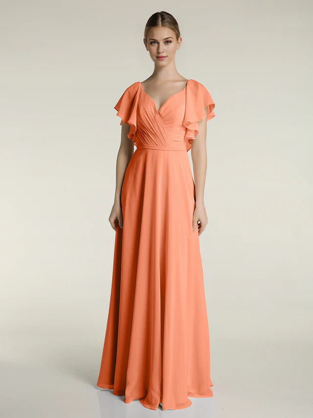 Ruffle V-neck Chiffon Bridesmaid Dress - QIAIWAN Dress