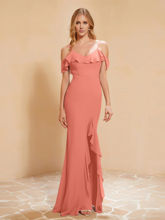 Lotus edged mermaid chiffon bridesmaid dress - QIAIWAN Dress