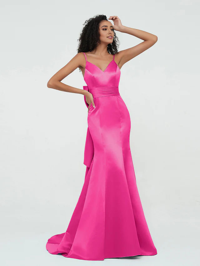 Mermaid thin shoulder strap satin evening gown - QIAIWAN Dress
