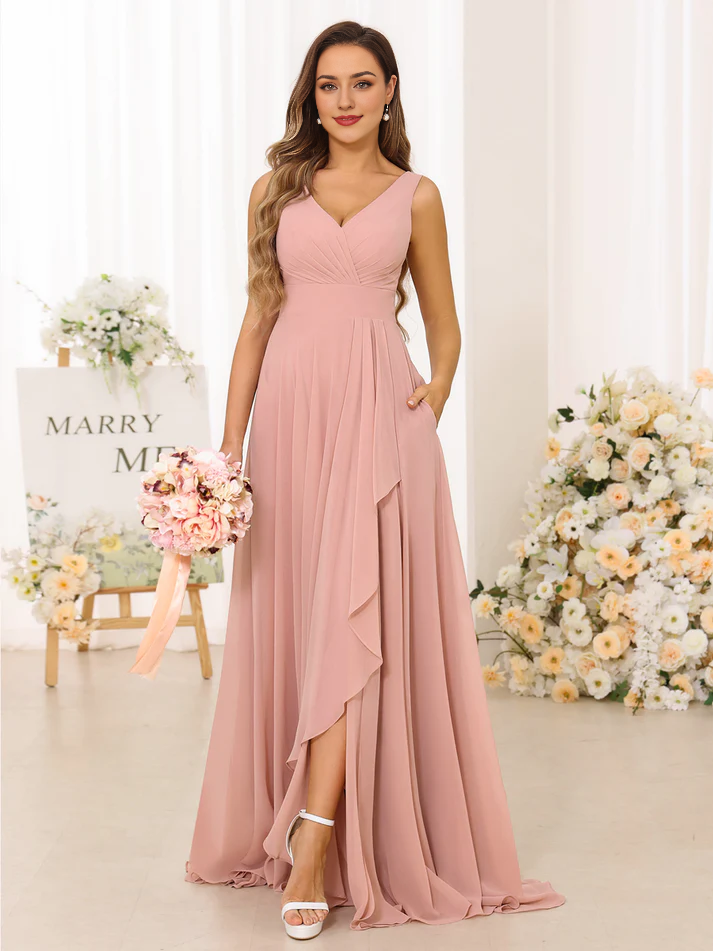 QIAIWAN Dress-A Line V-neck Chiffon Bridesmaid Dress