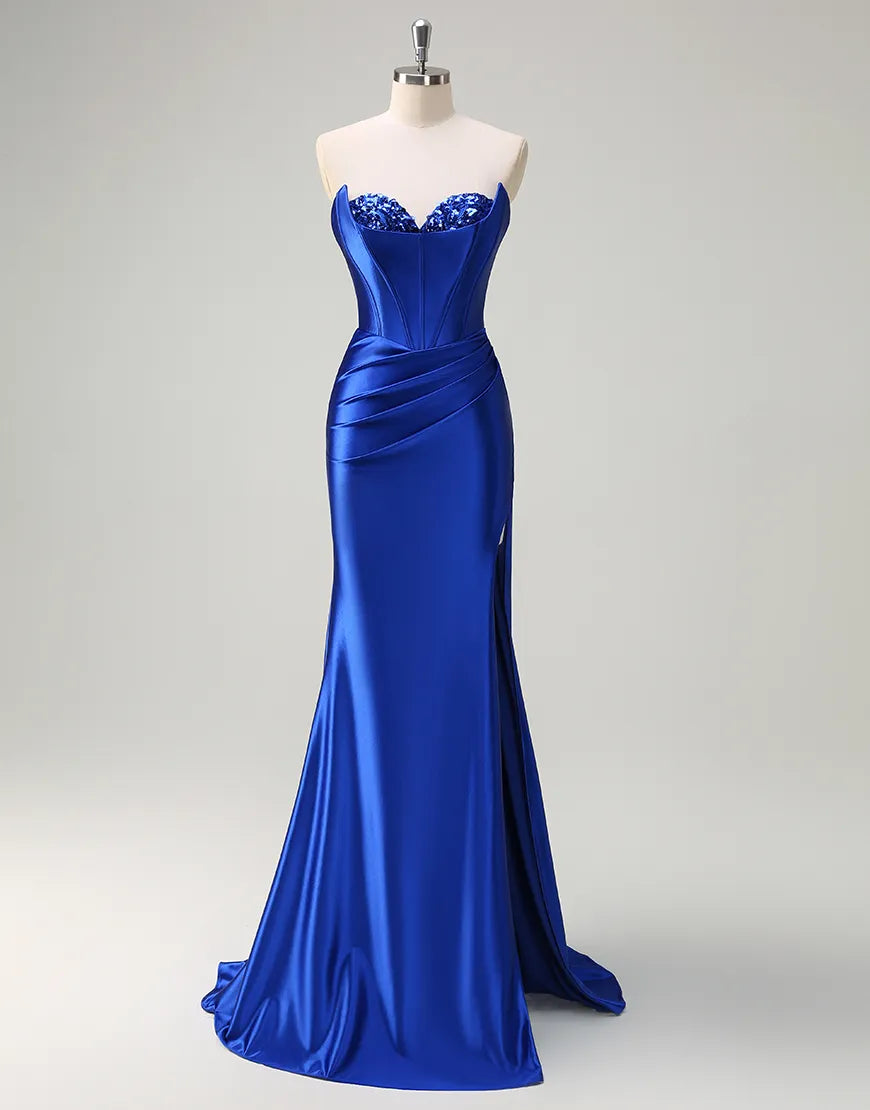 QIAIWAN mermaid strapless sequined tight corset satin ball dress