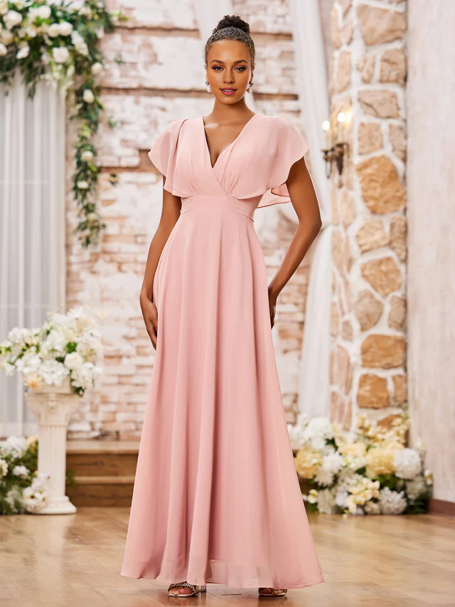 Deep V Chiffon A-line Bridesmaid Dress - QIAIWAN Dress