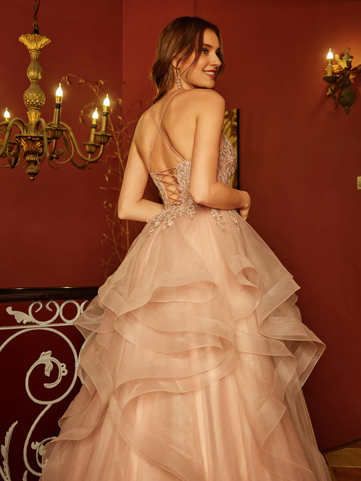 QIAIWAN Dress V-neck applique sequin chiffon ball gown