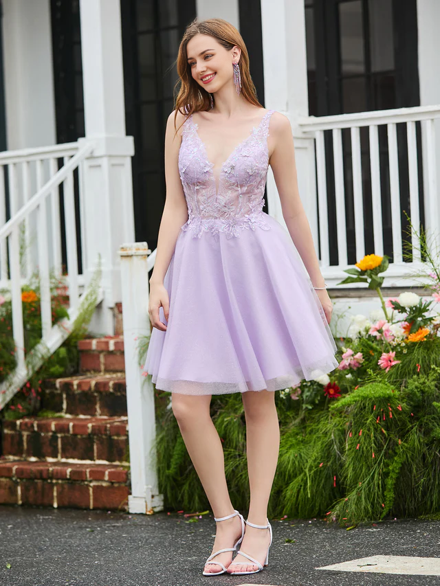 Decal Transparent Sleeveless Homecoming Dress - QIAIWAN Dress