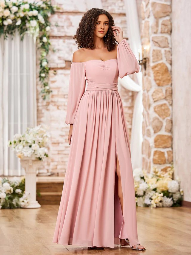 Single shoulder long sleeved off shoulder bridesmaid dress - QIAIWAN Dress