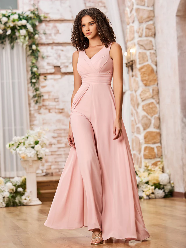 V-neck chiffon bridesmaid dress - QIAIWAN Dress