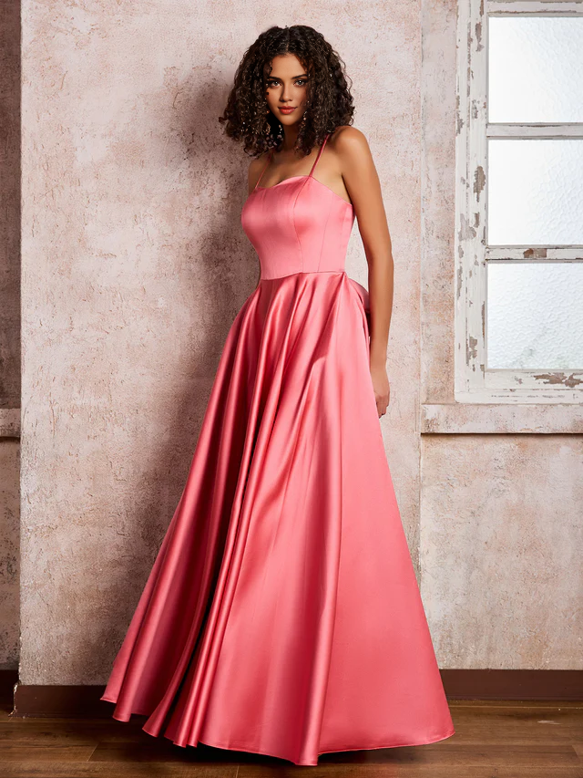 Thin shoulder strap satin bridesmaid dress - QIAIWAN Dress