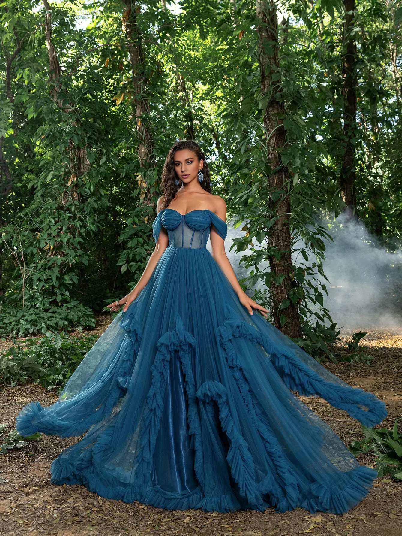 QIAIWAN's gorgeous transparent tight fitting ruffled chiffon ball gown