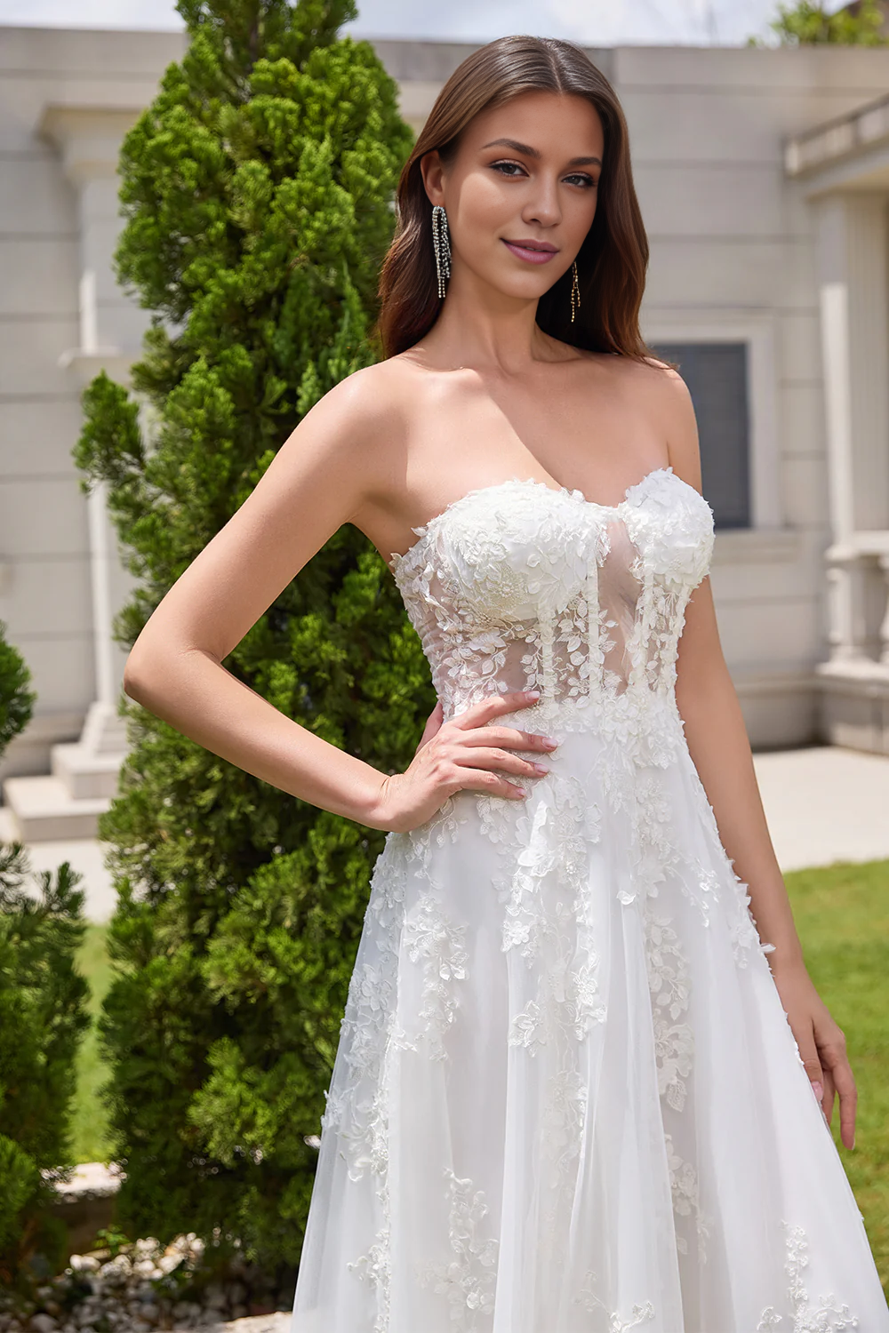 Tight chest applique lace wedding dress - QIAIWAN Dress