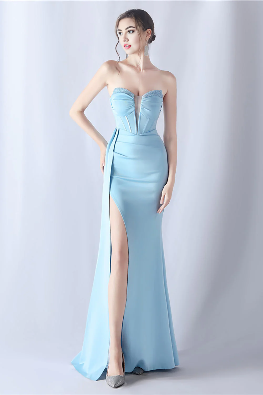 QIAIWAN Elegant Mermaid Open Back Split Evening Dress