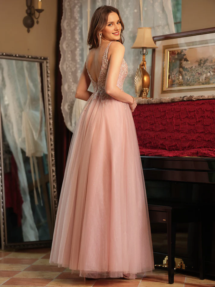 QIAIWAN Dress V-neck chiffon split applique ball gown